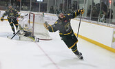 Sioux Lookout Bombers Captain Cooper Labelle celebrates his hat trick goal.     Tim Brody / Bulletin Photo