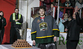 Bombers Goalie Jack Osmond (centre) is named SIJHL Final series MVP by SIJHL Commissioner Darrin Nicholas (left).    Tim Brody / Bulletin Photo