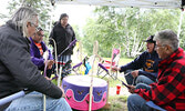 The July 1st Day of Healing included a sunrise ceremony, singing, drumming, prayer, and conversation. From left: Ralph Johnson, Victor Lyon, Romaine Lyon, Nathan Hunter and Tom Chisel.   Tim Brody / Bulletin Photo