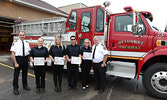 From left: Sioux Lookout Fire Service Chief Bob Popovic, Kelli George-Egerter, Shelby Ogden, Kris Bradley, Nicole Robertson, and Sioux Lookout Fire Service Deputy Fire Chief Dennis Leney.   Tim Brody / Bulletin Photo