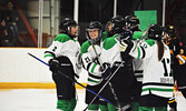 Mackenzie Pettit (21) celebrates her second period goal during game-two of their playoff series against the Fort Frances Muskies on Feb. 27. - Jesse Bonello / Bulletin Photo