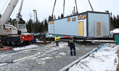 The first of two prefabricated modular buildings making up SLMHC’s new MRI Suite, is moved into position. Photo courtesy of Sioux Lookout Meno Ya Win Health Centre.