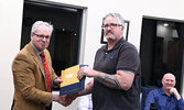 Mayor Doug Lawrance (left) presents Development Services Manager Jody Brinkman with a Municipal Employee Recognition Award recognizing his 10 years working for the Municipality.  - Tim Brody / Bulletin Photo