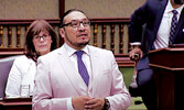 Kiiwetinoong MPP Sol Mamakwa makes history on May 28, addressing the Ontario Legislature in Anishininiimowin (Oji-Cree).     Screen capture image from Ontario Legislature YouTube video