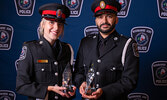 From the left: Cst. Abigail Couce and Cst. Rob Soliman received the Nishnawbe Aski Police Service Lifesaving Award Thursday during the NAPS Awards and Service Recognition Ceremony in Thunder Bay, Ont.    Submitted Photo 