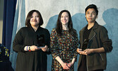 Teacher Lynnette Martin-Paulichenko (centre) presents the Sr. Arts Award to Paula Rae (left) and the Jr. Arts Award to Camden Whiskeyjack. - Tim Brody / Bulletin Photo