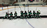 Sioux Lookout Under 7 Green Machine team members hoist their hockey sticks at the U7 Jamboree held at the Sioux Lookout Memorial Arena. Michelle Turner / Submitted Photo