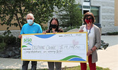 Delphine Crane (centre) holding her winning cheque presented by SLMHC Board member Terry Jewell (left) and SLMHC Foundation Treasurer Rita Demetzer (right).     Photo courtesy Jesse Bonello / SLMHC