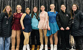 Sioux Lookout Skating Club coaches and skaters at the Thunder Bay Open Skating Competition. Pictured from left: Aubrey Bates - Coach, Aubrey Slade, Emilia Blandon Michelizzi, Renata Rattai, Angelina Positano, Julie Cole, Connor Suprovich, and Kayleigh Bat